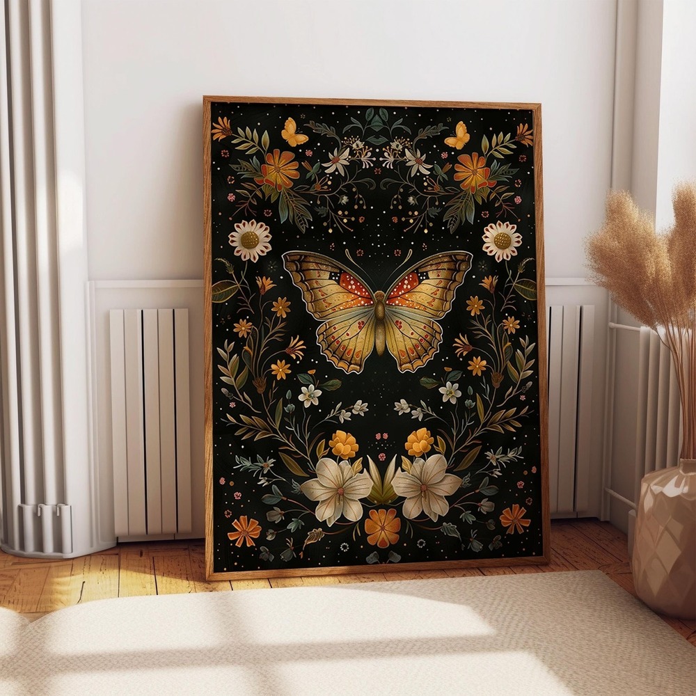 Butterfly Wall Art Poster – Butterfly And Flowers Black Background Artwork